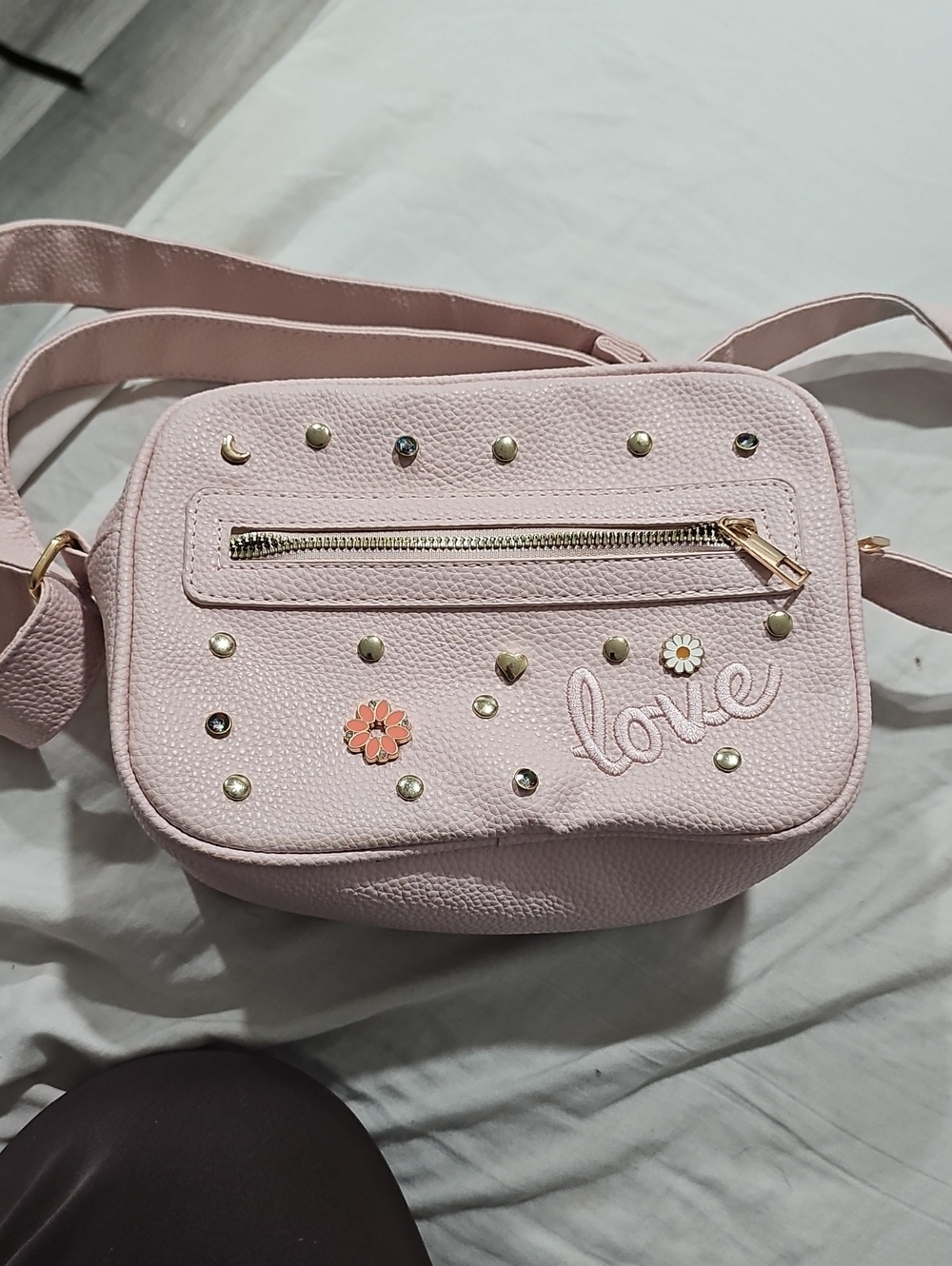 Under One Sky Pale Pink Studded Crossbody Bag with Floral Accents